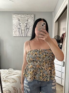 American Eagle Outfitters Yellow Blue Floral Smocked Shirred Cami Top M Medium